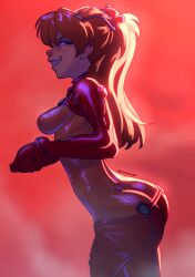 Rule 34 | 1girl, artist name, ass, blue eyes, blush, bodysuit, breasts, brown hair, butt crack, evangelion: 2.0 you can (not) advance, glowing, grin, highres, long hair, looking at viewer, looking back, medium breasts, naughty face, neon genesis evangelion, playzholder, plugsuit, rebuild of evangelion, red background, red bodysuit, see-through, see-through bodysuit, shiny clothes, sideboob, smile, solo, souryuu asuka langley, standing, test plugsuit, thighs, twintails, twitter username, very long hair, wide hips