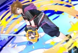 Rule 34 | 1boy, black shorts, blue eyes, bracer, brown hair, chain, chain necklace, holding, holding keyblade, holding weapon, hood, hood down, jacket, jewelry, keyblade, kingdom hearts, kingdom hearts iii, kingdom key, legs apart, male focus, multicolored clothes, multicolored jacket, necklace, shoes, shorts, solo, sora (kingdom hearts), spiked hair, star (symbol), weapon