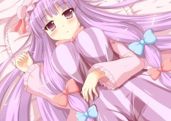 Rule 34 | 1girl, bed, blue bow, blush, bow, bowtie, breasts, chaa (korone-ze), commentary request, hair bow, hat, hat ribbon, highres, large breasts, long hair, looking at viewer, lying, mob cap, on back, on bed, patchouli knowledge, pillow, purple eyes, purple hair, red bow, red bowtie, red ribbon, ribbon, solo, touhou, very long hair, wide sleeves