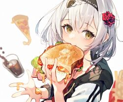 Rule 34 | 1girl, black hairband, black jacket, braid, brown eyes, camisole, collarbone, commentary request, cup, drawstring, drink, drinking glass, eating, flower, food, french fries, genshin impact, grey hair, hair between eyes, hair flower, hair ornament, hairband, highres, holding, holding food, hood, hood down, hooded jacket, ice, ice cube, jacket, looking at viewer, lumo 1121, noelle (genshin impact), open clothes, open jacket, pizza, pizza slice, red camisole, red flower, red rose, rose, sandwich, simple background, solo, upper body, white background