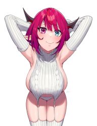 Rule 34 | 1girl, alternate costume, armpits, arms up, blue eyes, blush, breasts, dasdokter, detached sleeves, garter straps, heterochromia, highres, hololive, hololive english, horns, irys (hololive), large breasts, looking at viewer, meme attire, pointy ears, purple eyes, purple hair, ribbed panties, ribbed sleeves, ribbed thighhighs, simple background, sleeveless, sleeveless sweater, smile, solo, sweater, virgin destroyer sweater, virtual youtuber, white background, white garter straps, white sweater