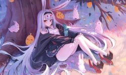 Rule 34 | 1girl, absurdres, against tree, animal ears, ass, azur lane, bare legs, bare shoulders, black hairband, black jacket, black skirt, blush, breasts, cake, center opening, clothes pull, commentary, eyeshadow, food, from side, full body, hair between eyes, hairband, hands on own knees, high heels, highres, jacket, jacket pull, jeze, knees together feet apart, knees up, leaning back, legs, long hair, makeup, manjuu (azur lane), miniskirt, on ground, open clothes, open jacket, outdoors, pale skin, pleated skirt, rabbit, rabbit ears, rabbit girl, red eyeshadow, revision, rudder footwear, shimakaze (azur lane), sitting, skirt, small breasts, smile, thighs, tree, upskirt, very long hair, white hair, yellow eyes