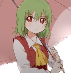 Rule 34 | 1girl, ascot, breasts, closed mouth, frown, green hair, hair between eyes, holding, holding umbrella, kazami yuuka, long sleeves, looking at viewer, medium breasts, medium hair, plaid, plaid vest, red eyes, red vest, sasaki sakiko, simple background, solo, touhou, umbrella, upper body, vest, white background, wing collar, yellow ascot