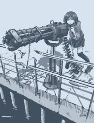 Rule 34 | 1girl, aiming, black eyes, black hair, black thighhighs, expressionless, full body, gatling gun, gun, hamsterfragment, holding, holding gun, holding weapon, jacket, long sleeves, looking away, medium hair, minigun, monochrome, no nose, noose, one eye closed, original, outdoors, school uniform, shaded face, shoes, simple background, skirt, solo, standing, suicide, thighhighs, water, weapon