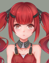 Rule 34 | 1girl, breasts, brown eyes, clark (159123), collarbone, cz75 (girls&#039; frontline), girls&#039; frontline, grey background, hair ornament, hairclip, highres, long hair, looking at viewer, open mouth, portrait, red hair, shirt, simple background, small breasts, solo, twintails