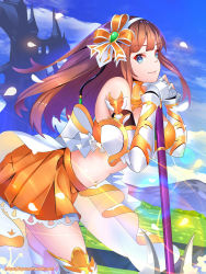 Rule 34 | 1girl, armor, bent over, blue eyes, bow, breasts, brown hair, day, dragalia lost, fingerless gloves, gauntlets, gloves, gorget, hair bow, hairband, highres, julietta (dragalia lost), large breasts, long hair, midriff, navel, nintendo, orange skirt, outdoors, pauldrons, petals, planted, pleated skirt, shoulder armor, skirt, smile, solo, sysen, thighhighs, weapon