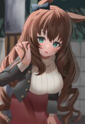 Rule 34 | 1girl, alternate costume, animal ears, aqua eyes, black bow, black jacket, blurry, blurry background, blush, bow, brown hair, commentary request, ear bow, hand on own leg, highres, horse ears, horse girl, horse tail, jacket, leaning forward, long hair, long sleeves, looking at viewer, maruzensky (umamusume), open clothes, open jacket, open mouth, red skirt, ribbed sweater, skirt, smile, solo, sweater, tail, umamusume, very long hair, white sweater, yokawa nagi