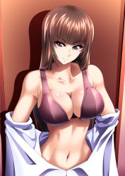 Rule 34 | 1girl, black bra, blunt bangs, bra, breasts, brown eyes, brown hair, cleavage, closed mouth, clothes pull, commentary, dress shirt, girls und panzer, half-closed eyes, highres, indoors, large breasts, long hair, looking at viewer, mature female, miraino tsubasa, navel, nishizumi shiho, off shoulder, shadow, shirt, shirt pull, smile, solo, straight hair, underwear, white shirt, wing collar