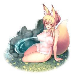 Rule 34 | 1girl, animal ear fluff, animal ears, arm support, asa (xametaler), blonde hair, blush, breasts, collarbone, covered erect nipples, covering privates, folded ponytail, fox ears, fox girl, fox tail, highres, large breasts, long hair, looking at viewer, naked towel, nipples, nude cover, onsen, open mouth, original, rock, see-through, sidelocks, smile, solo, tail, towel, transparent background