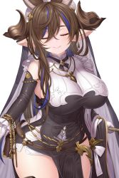 Rule 34 | 1girl, absurdres, animal ears, asamura hiori, bare shoulders, black dress, black thighhighs, blush, breasts, brown hair, closed eyes, closed mouth, commentary request, detached sleeves, dress, extra ears, facing viewer, galleon (granblue fantasy), granblue fantasy, highres, horns, large breasts, long hair, long sleeves, pelvic curtain, pointy ears, revision, simple background, smile, solo, thighhighs, thighs, very long hair, white background