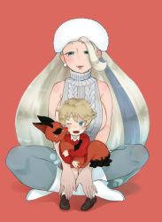 Rule 34 | 1boy, 1girl, age difference, blonde hair, blue eyes, blush, breasts, creatures (company), ear piercing, earrings, full body, game freak, gen 8 pokemon, gym leader, hat, jewelry, large breasts, long hair, looking at another, looking down, mature female, melony (pokemon), nickit, nintendo, one eye closed, pantyhose, piercing, pokemon, pokemon (creature), pokemon swsh, sitting, sitting on lap, sitting on person, smile, sweater, very long hair, white sweater, winter clothes, yamashita momiyo, youngster (pokemon)