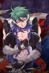 Rule 34 | 2boys, ahoge, hug, arms around neck, arms up, assassin cross (ragnarok online), axe, bare pectorals, bio lab, black gloves, black pants, black shirt, blood, blood on axe, blood splatter, bloody weapon, blue hair, blue pants, closed mouth, commentary request, dagger, ear piercing, elbow gloves, eremes guile, eyes visible through hair, fingerless gloves, gauntlets, gloves, green hair, hair between eyes, hand on another&#039;s chin, howard alt-eisen, jamadhar, knife, long hair, long sleeves, looking at viewer, male focus, multiple boys, on one knee, pants, pectorals, piercing, piyomaru029, pouch, ragnarok online, red eyes, red scarf, scarf, shirt, short hair, sitting, skull, sleeveless, sleeveless shirt, torn clothes, torn scarf, torn sleeves, upper body, weapon, white shirt, whitesmith (ragnarok online), yaoi