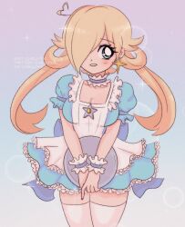 Rule 34 | 1990s (style), 1girl, apron, blonde hair, blue background, blue dress, blue eyes, blush, bow, breasts, bubble background, chellyko, choker, cleavage, collarbone, dress, highres, holding, long hair, looking at viewer, low twintails, maid, mario (series), medium breasts, nintendo, puffy sleeves, retro artstyle, rosalina, short sleeves, smile, sparkle, standing, star (symbol), super mario galaxy, teeth, thighhighs, tray, twintails, waist bow, waitress, white apron, white thighhighs, wrist cuffs