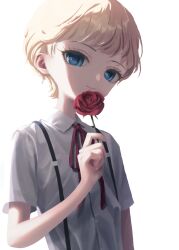 Rule 34 | 1boy, blonde hair, blue eyes, flower, holding, holding flower, kiryu miharu, light smile, male focus, polye, red flower, red ribbon, ribbon, rose, shirt, short hair, short sleeves, simple background, solo, suspenders, upper body, white background, white shirt, witch watch