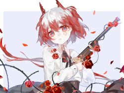 Rule 34 | 1girl, arknights, black skirt, collared shirt, commentary request, facial mark, fiammetta (arknights), flower, gun, head tilt, heart, highres, holding, holding gun, holding weapon, long sleeves, looking at viewer, parted lips, petals, plant, purple background, red eyes, red flower, red hair, red rose, rose, rose petals, shirt, skirt, solo, two-tone background, vines, weapon, white background, white shirt, xiangjingsu59601