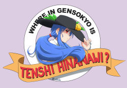 Rule 34 | 1girl, alternate headwear, black hat, blue hair, carmen sandiego (series), character name, commentary, english commentary, english text, expressionless, food-themed hair ornament, french commentary, from side, hair ornament, hand on headwear, hat, highres, hinanawi tenshi, leaf hair ornament, long hair, looking at viewer, mixed-language commentary, parody, peach hair ornament, ponytail, purple background, rakkidei, red eyes, shirt, sideways glance, simple background, solo, touhou, twitter username, upper body, very long hair, white shirt