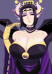 Rule 34 | 1girl, bandai, bare shoulders, bat (animal), bat (symbol), bat wings, black hair, black wings, blue eyes, breasts, bridal gauntlets, bustier, claws, cleavage, demon girl, detached collar, detached sleeves, digimon, digimon crusader, eyeshadow, facial mark, female focus, hair bun, hair ornament, highres, horns, large breasts, lilithmon, lipstick, makeup, multiple wings, nail polish, open mouth, pointy ears, purple background, seven great demon lords, sharp nails, shawl, simple background, single hair bun, skirt, smile, solo, tattoo, wings