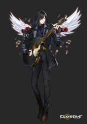 Rule 34 | 1boy, black hair, blue eyes, chulsoo kim (closers), closers, full body, gloves, guitar, highres, instrument, long hair, musical note, official art, solo, wings