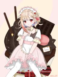 Rule 34 | 1girl, chocolate, food, frilled headwear, hand on own chest, highres, iahn ei9, multicolored hair, nijigen project, nika lan linh, pantyhose, pocky, red eyes, smile, virtual youtuber, white pantyhose