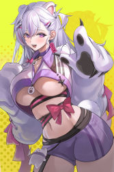 Rule 34 | 1girl, absurdres, animal ears, animal hands, bow, breasts, character name, choker, commentary request, gloves, gradient background, hair between eyes, hair ornament, hairclip, harusame (user wawj5773), highres, indie virtual youtuber, korean commentary, large breasts, long hair, looking at viewer, multicolored hair, navel, open mouth, paw gloves, pink hair, polka dot, polka dot background, purple choker, purple hair, purple shorts, red bow, shorts, smile, solo, underboob, virtual youtuber, white gloves, white hair, x hair ornament, xiho (vtuber), yellow background