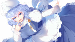 Rule 34 | 1girl, apron, arm behind back, arm up, blue eyes, blue hair, blue skirt, blue vest, breasts, commentary request, dutch angle, finger to mouth, frilled skirt, frills, hat, highres, juliet sleeves, kokka han, large breasts, letty whiterock, long hair, long sleeves, looking at viewer, open mouth, pin, puffy sleeves, scarf, shirt, sidelocks, simple background, skirt, solo, teeth, touhou, upper teeth only, vest, waist apron, white background, white hat, white scarf, white shirt