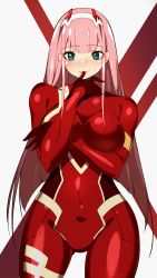 1girl :p absurdres bad_id bad_pixiv_id blunt_bangs blush bodysuit breasts commentary_request covered_navel darling_in_the_franxx female_focus finger_to_mouth green_eyes grey_background hairband highres horns large_breasts long_hair looking_at_viewer mecha_pilot_suit pink_hair red_bodysuit red_horns sia_namsbinpeni solo standing tongue tongue_out white_hairband zero_two_(darling_in_the_franxx)