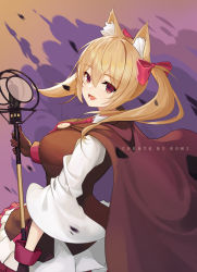 Rule 34 | 1girl, :d, animal ear fluff, animal ears, arknights, black cape, black gloves, black vest, blonde hair, bow, breasts, cape, chinese commentary, commentary request, gloves, hair between eyes, hair bow, highres, holding, komi (komiking), large breasts, long hair, long sleeves, looking at viewer, microphone stand, open mouth, red bow, red eyes, shirt, smile, solo, sora (arknights), twintails, upper body, vest, white shirt, wide sleeves, wolf ears