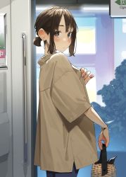 Rule 34 | 1girl, bag, blush, borrowed clothes, bracelet, brown coat, brown eyes, brown hair, coat, commentary request, douki-chan (douki-chan), earrings, fingernails, ganbare douki-chan, highres, holding, holding bag, jewelry, looking at viewer, parted lips, short hair, short ponytail, solo, yomu (sgt epper)