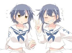Rule 34 | 10s, 2girls, alternate costume, black hair, closed eyes, commentary request, flying sweatdrops, grin, i-13 (kancolle), i-14 (kancolle), kantai collection, long sleeves, looking at viewer, midriff, multiple girls, rebecca (keinelove), sailor collar, sailor shirt, shirt, short hair, siblings, simple background, single sidelock, sisters, skirt, skirt set, smile, w, white background, white shirt, white skirt, yellow eyes