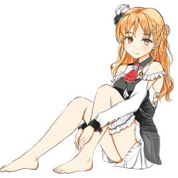 Rule 34 | 1girl, ascot, bare shoulders, barefoot, blonde hair, braid, brown eyes, fd (fd sanmaru), feet, french braid, highres, kantai collection, knees up, legs, looking at viewer, red ascot, sitting, solo, toenails, toes, wavy hair, zara (kancolle)