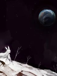 Rule 34 | 1girl, absurdres, animal ears, bare tree, black sky, commentary request, crater, dress, earth (planet), feet out of frame, highres, long hair, looking afar, moon, night, night sky, original, planet, rabbit ears, rabbit girl, red eyes, shirokujira, signature, sky, tree, white dress, white hair