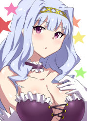 1girl breasts dress female_focus gloves idolmaster idolmaster_(classic) large_breasts long_hair minato_satoi open_mouth purple_eyes shijou_takane silver_hair solo