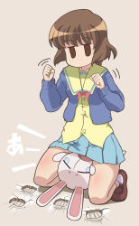 Rule 34 | 1girl, body blush, brown background, brown eyes, brown hair, buttons, clenched hand, clenched hands, closed eyes, crack, full body, highres, ichijou, jitome, ki (adotadot), kneeling, legs, looking at viewer, mesousa, pani poni dash!, rabbit, school uniform, shoes, short hair, skirt, socks, solo, tears, thighs, uniform