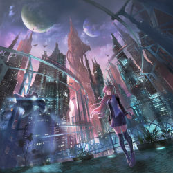 Rule 34 | 1girl, aircraft, boots, building, cloud, denki, dutch angle, floating hair, headphones, long hair, multiple moons, night, original, plant, pleated skirt, potted plant, purple hair, scenery, science fiction, skirt, sky, skyscraper, solo, thighhighs, wind