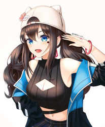 Rule 34 | 1girl, :d, animal ears, animal hat, backwards hat, bare shoulders, baseball cap, black hair, black jacket, black shirt, black skirt, blue eyes, blush, breasts, cleavage, cleavage cutout, clothing cutout, commentary, crop top, ear piercing, earrings, english commentary, facial mark, fake animal ears, fang, hair between eyes, hand up, hat, highres, jacket, jewelry, long sleeves, looking at viewer, medium breasts, midriff, navel, off shoulder, open clothes, open jacket, open mouth, original, piercing, pleated skirt, ribbed shirt, sarablanche, shirt, simple background, skirt, sleeveless, sleeveless shirt, smile, solo, star (symbol), turtleneck, twintails, twitter username, white background, white hat