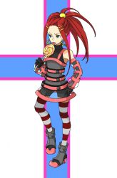 Rule 34 | bad id, bad pixiv id, bike shorts, candy, detached sleeves, earrings, food, gloves, green eyes, jewelry, kinkan, lollipop, original, ponytail, red hair, see-through, solo, striped clothes, striped thighhighs, swirl lollipop, thighhighs, tongue