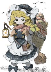 Rule 34 | ankle bow, ankle ribbon, apron, backpack basket, blonde hair, bow, braid, broom, brown mittens, buttons, dress, frilled dress, frilled skirt, frills, hat, hat bow, highres, kirisame marisa, lantern, mini-hakkero, mittens, neruzou, plaid, plaid scarf, ribbon, scarf, side braid, single braid, skirt, touhou, waist apron, witch hat