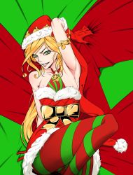 Rule 34 | 1girl, ambitious elf jinx, blonde hair, boots, bow, choker, christmas, gloves, hat, highres, jinx (league of legends), league of legends, long hair, pointy ears, ribbon, santa hat, skirt, thighhighs
