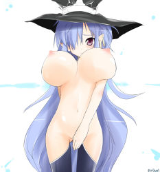 Rule 34 | 1girl, blue hair, breasts, cover, cover page, dama, earrings, fatima, hair over one eye, hat, huge breasts, jewelry, long hair, luminous arc, luminous arc 2, nipples, nude, pointy ears, purple eyes, solo, thighhighs, very long hair, witch, witch hat