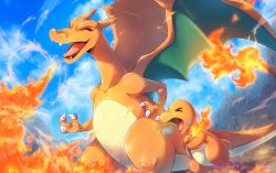 Rule 34 | &gt; &lt;, breath weapon, breathing fire, charizard, charmander, claws, closed eyes, cloud, commentary request, creatures (company), day, fangs, fire, flame-tipped tail, game freak, gen 1 pokemon, highres, ivory (25680nico), nintendo, no humans, open mouth, outdoors, pokemon, pokemon (creature), sky, sweatdrop, tongue