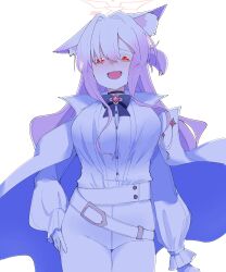 Rule 34 | 1girl, absurdres, akira (blue archive), animal ears, belt, blue archive, breasts, gloves, gradient hair, halo, highres, jacket, large breasts, long hair, multicolored hair, nokisu meguri, pants, pink hair, red eyes, shirt, solo, white background, white gloves, white hair, white jacket, white pants, white shirt
