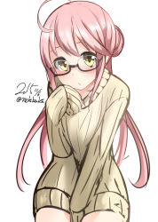 Rule 34 | 10s, 1girl, 2015, ahoge, alternate costume, bad id, bad pixiv id, blush, dated, double bun, glasses, kantai collection, long sleeves, looking at viewer, makigumo (kancolle), nekobaka, pink hair, ribbed sweater, simple background, sketch, sleeves past wrists, solo, sweater, twitter username, white background, yellow eyes