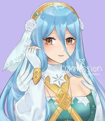 Rule 34 | 1girl, aqua dress, azura (fire emblem), azura (resplendent) (fire emblem), bare shoulders, blue hair, brown eyes, commentary, commission, dress, fire emblem, fire emblem fates, fire emblem heroes, gloves, highres, long hair, looking at viewer, nintendo, off-shoulder dress, off shoulder, official alternate costume, parted lips, purrlucii, solo, upper body, veil, very long hair, white gloves