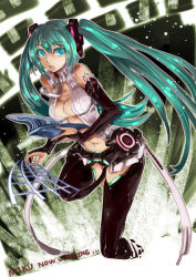 Rule 34 | 1girl, absurdres, aqua eyes, aqua hair, belt, bridal gauntlets, canking, center opening, elbow gloves, fingerless gloves, gloves, hatsune miku, hatsune miku (append), highres, long hair, music, navel, necktie, open mouth, panties, singing, solo, striped clothes, striped panties, thighhighs, twintails, underwear, very long hair, vocaloid, vocaloid append, zettai ryouiki