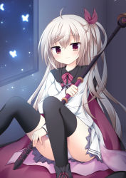 Rule 34 | ahoge, akizuki kanna, black thighhighs, blush, bow, bug, butterfly, cafe stella to shinigami no chou, cape, hair bow, highres, indoors, insect, knees up, korokoro cat, long hair, long sleeves, pink bow, red cape, red eyes, scythe, sitting, solo, thighhighs, white butterfly, window