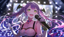 Rule 34 | 1girl, backlighting, blush, breasts, cleavage, commentary, concert, detached collar, dress, ear piercing, fangs, floating hair, frilled dress, frills, gloves, green eyes, hair ornament, hairclip, head wings, highres, holding, holding microphone, hololive, idol, kakage, long hair, looking at viewer, medium breasts, microphone, music, neck ribbon, official alternate costume, open mouth, piercing, pink ribbon, pointy ears, pom pom (clothes), purple hair, ribbon, screen, singing, sleeveless, sleeveless dress, smile, stage lights, tokoyami towa, twintails, upper body, virtual youtuber, white dress, white gloves, wings, wrist cuffs
