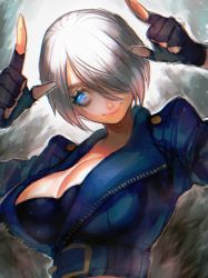 Rule 34 | 1girl, absurdres, angel (kof), arms up, blue eyes, bra, breasts, cropped jacket, horns pose, fingerless gloves, gloves, hair over one eye, highres, horns pose, index fingers raised, jacket, large breasts, leather, leather jacket, snk, solo, strapless, strapless bra, the king of fighters, the king of fighters 2001, the king of fighters xiv, the king of fighters xv, toned, underwear, white hair, yohane shimizu