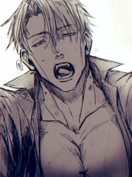 Rule 34 | 1boy, collarbone, collared shirt, fangs, greyscale, hickey, highres, jujutsu kaisen, large pectorals, looking at viewer, male focus, monochrome, nanami kento, nekonii, open clothes, open mouth, open shirt, pectorals, shirt, solo, teeth, upper body