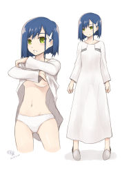 Rule 34 | 10s, 1girl, blue hair, blush, breasts, commentary request, darling in the franxx, dated, green eyes, hair ornament, hairclip, highres, ichigo (darling in the franxx), looking at viewer, medium breasts, midriff, multiple views, navel, nightgown, nightgown lift, open mouth, panties, parted lips, short hair, signature, simelu, slippers, standing, stomach, underboob, underwear, white background, white panties