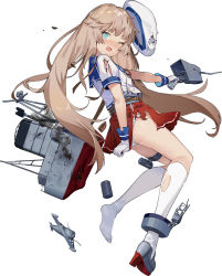 Rule 34 | 1girl, adapted turret, blue sailor collar, cannon, damaged, full body, green eyes, grey hair, gun, hat, kantai collection, long hair, low twintails, machinery, mary janes, mast, mikura (kancolle), one eye closed, open mouth, panties, pleated skirt, puffy short sleeves, puffy sleeves, red skirt, round teeth, sailor collar, sailor hat, school uniform, serafuku, shoes, short sleeves, simple background, skirt, smokestack, socks, solo, teeth, torn clothes, turret, twintails, underwear, upper teeth only, weapon, white background, white hat, white panties, white socks, yamano (yamanoh)